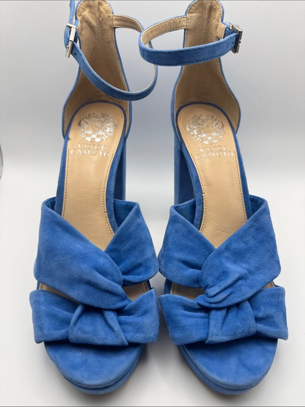 Vince Camuto Blue Suede Knotted Platform Block Heel Sandals 7.5